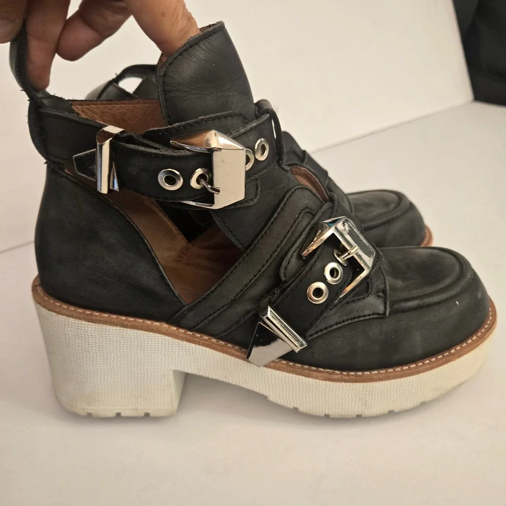 Jeffrey Campbell Coltrane Leather Buckle Platform Ankle Boots Black Women's US 6